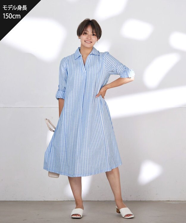 Tiaclasse 【洗える】 麻調Aラインシャツワンピース サックスストライプ