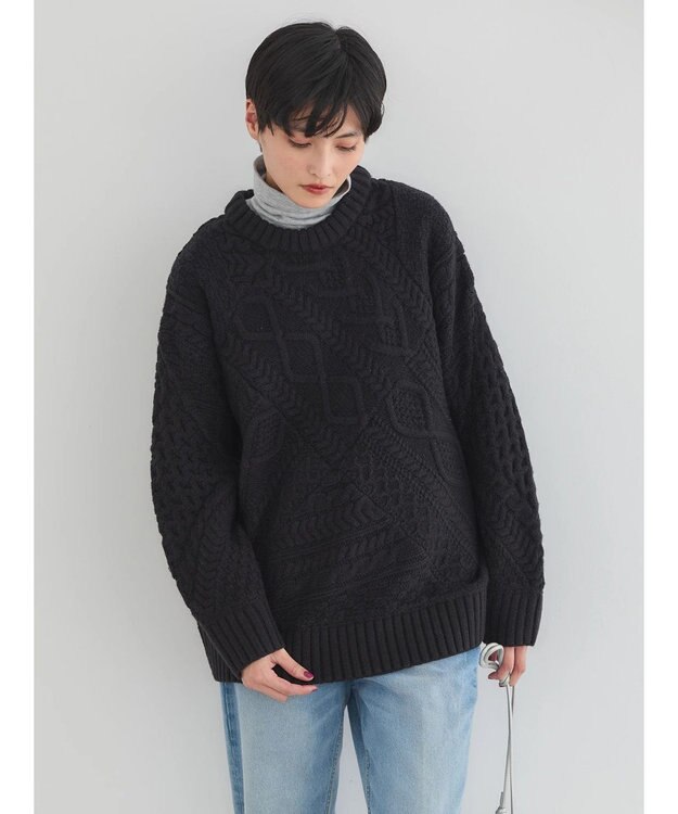 AMERICAN HOLIC パッチワークケーブルニットチュニック Black