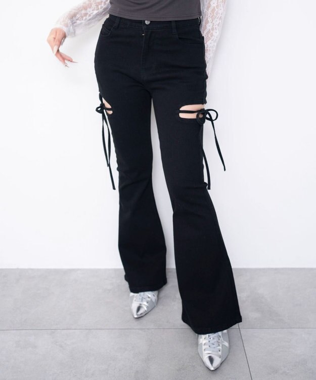 WEGO 【SMサイズ展開/伸びる】カットアウトリボンストレッチフレアデニムパンツ デニムブラック