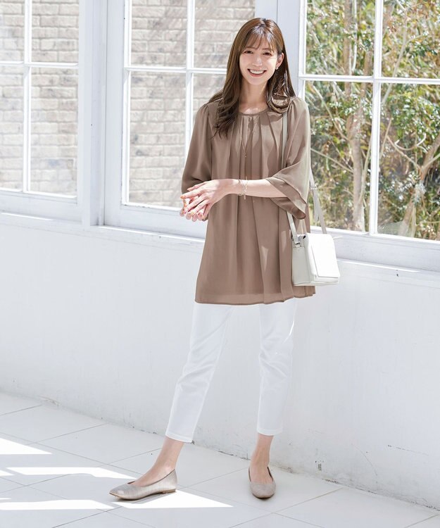 Tiaclasse 【洗える】レイヤードスリーブシフォンチュニック モカ