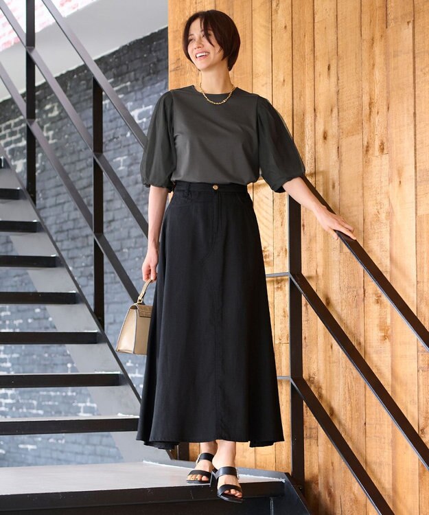 自由区 【洗える・XSサイズあり】シアーコンビパフスリーブ カットソー ダークブラウン系