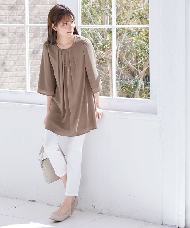 Tiaclasse 【洗える】レイヤードスリーブシフォンチュニック モカ