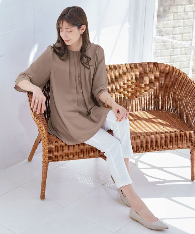 Tiaclasse 【洗える】レイヤードスリーブシフォンチュニック モカ