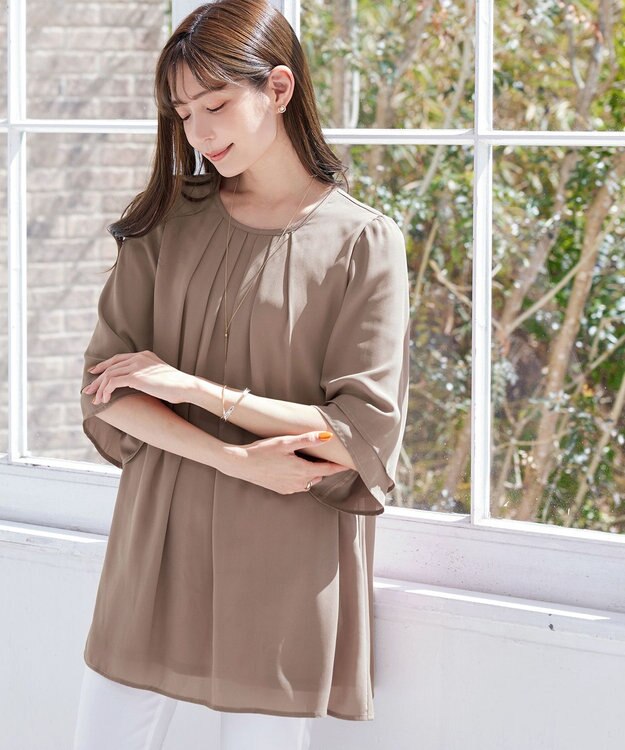 Tiaclasse 【洗える】レイヤードスリーブシフォンチュニック モカ