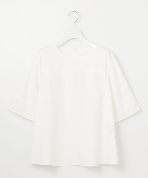 自由区 L 【洗える】ストレッチシャーティング5分袖 ブラウス オフホワイト