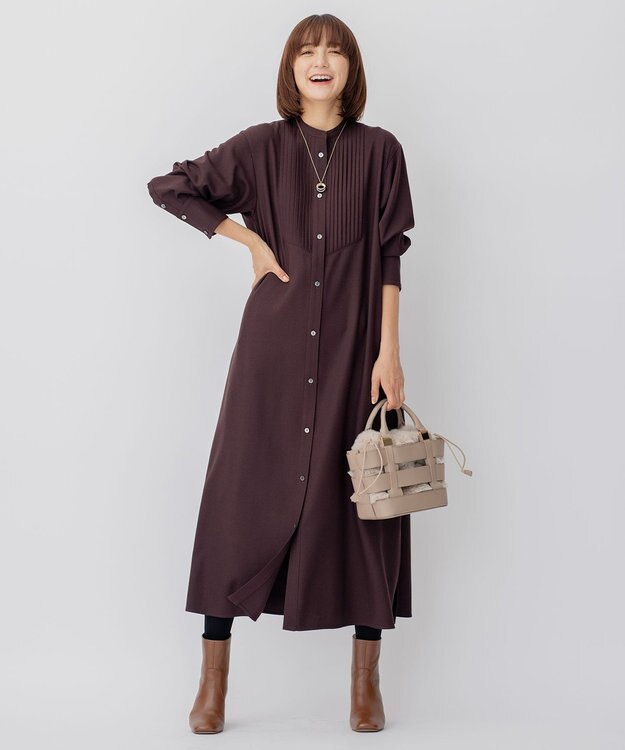 23区 L 【CLASSY.コラボ/洗える】ウールストレッチツイル ピンタック ワンピース [WEB限定]ダークブラウン系