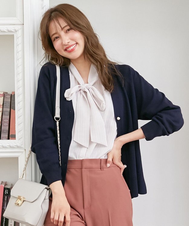 ANY SIS 【洗える】Vネックミディ カーディガン ネイビー