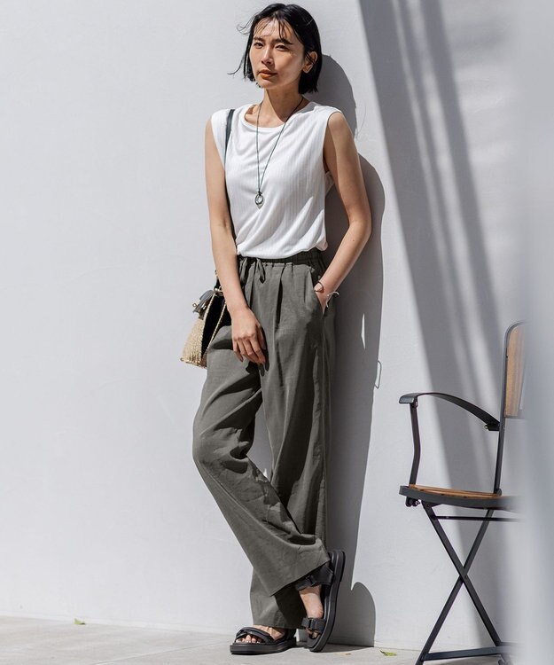 23区 【洗える】リネンレーヨンストレッチ ドロスト パンツ カーキ系