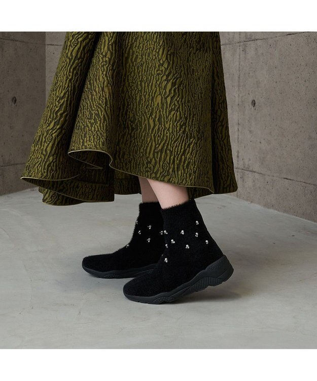 MODE ET JACOMO <carino>ビジュー付きニットブーツ ブラック