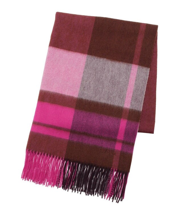 MOONBAT 【洗える】FURLA ウール100%超大判ブロックチェックストールマフラー／幅70cm ローズピンク