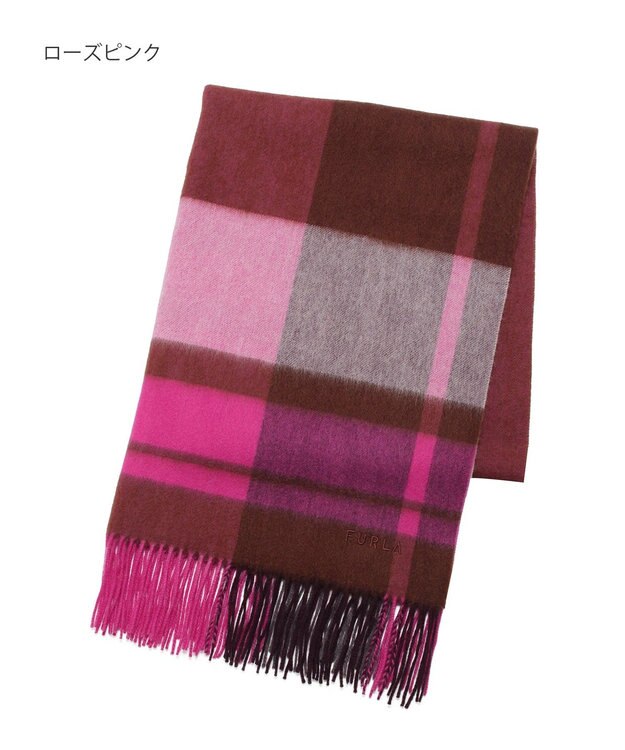 MOONBAT 【洗える】FURLA ウール100%超大判ブロックチェックストールマフラー／幅70cm ローズピンク