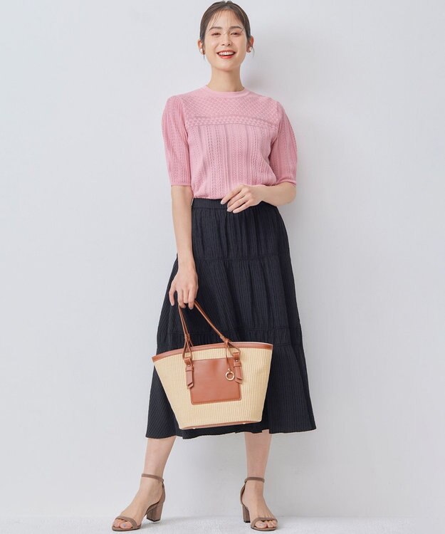 組曲 L 【WEB限定】編地切り替え 半袖ニット ピーチ系