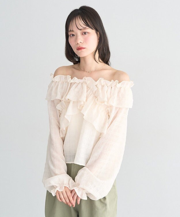 earth music&ecology シアーチェック2wayオフショルブラウス Ivory