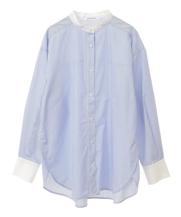 AMERICAN HOLIC イージーケアバンドカラーロングシャツ Stripe Sax