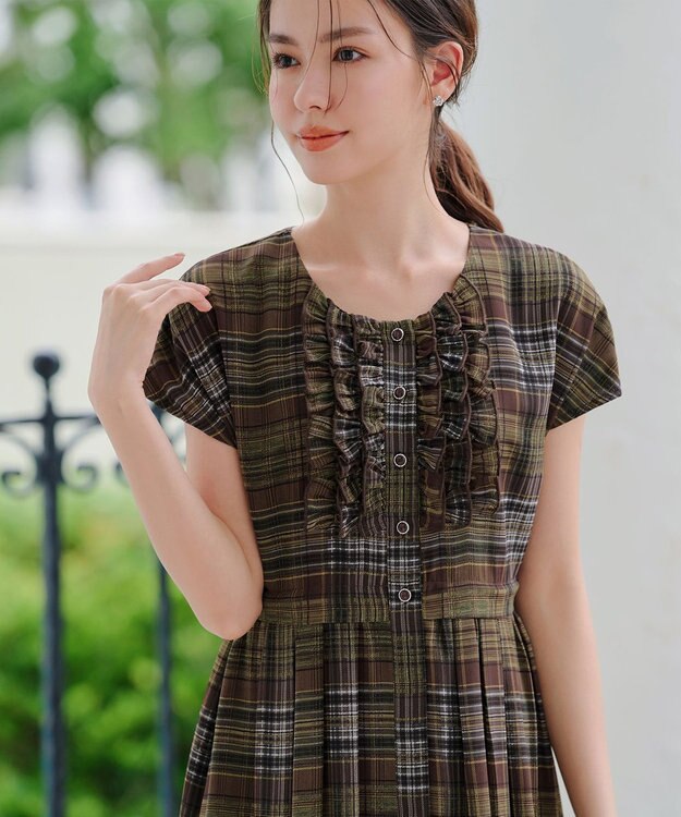Tiaclasse L 【洗える】フリルワンピース ブラウンチェック
