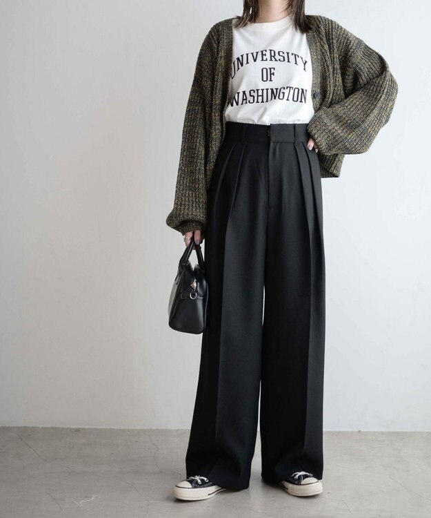 WEGO ハイウエストタックワイドスラックパンツ ブラック