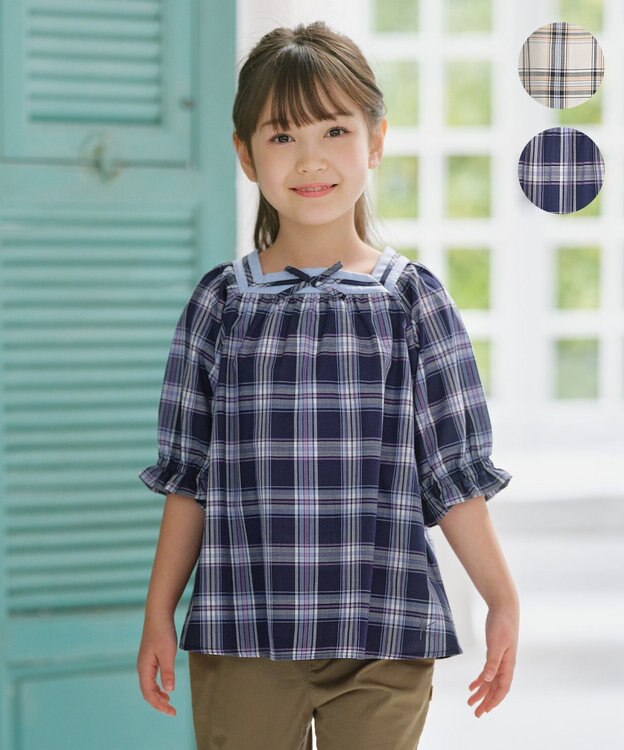 組曲 KIDS 【110-140㎝】プランタンチェック ブラウス ネイビー