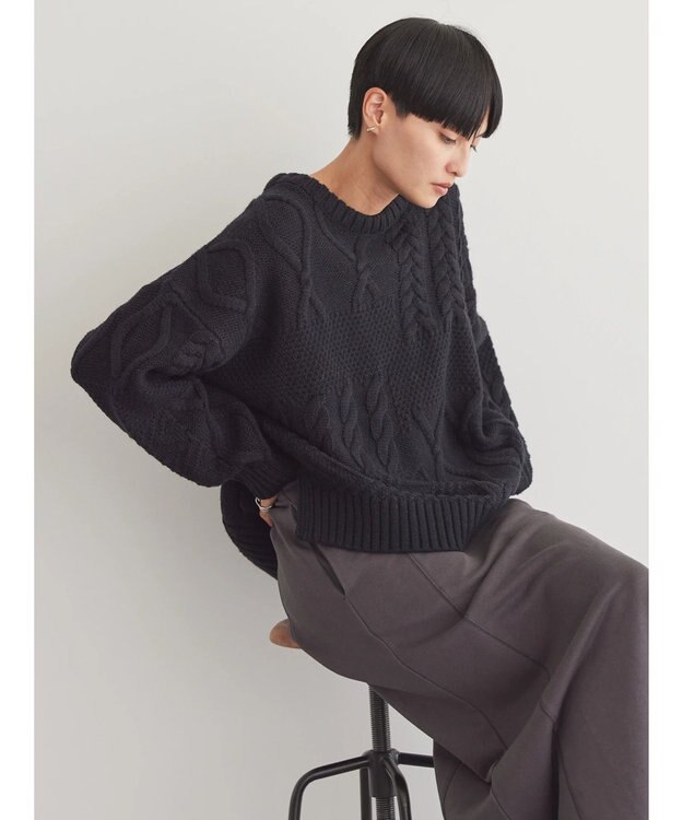 AMERICAN HOLIC パッチワークケーブルニットプルオーバー Black