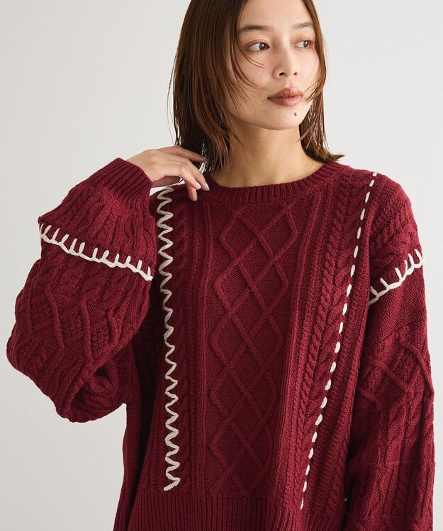 Green Parks ・ＥＬＥＮＣＡＲＥ　ＤＵＥ　ハンドステッチケーブルニッ Bordeaux