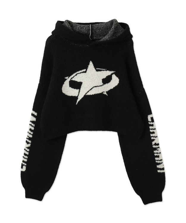 WEGO スタージャガードニットプルパーカー ブラック