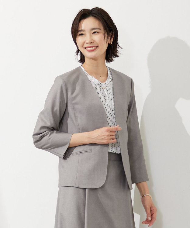 J.PRESS LADIES 【セットアップ対応・洗える・UVケア・速乾】 OXIJEWELストレッチ ノーカラー ジャケット ライトグレー系