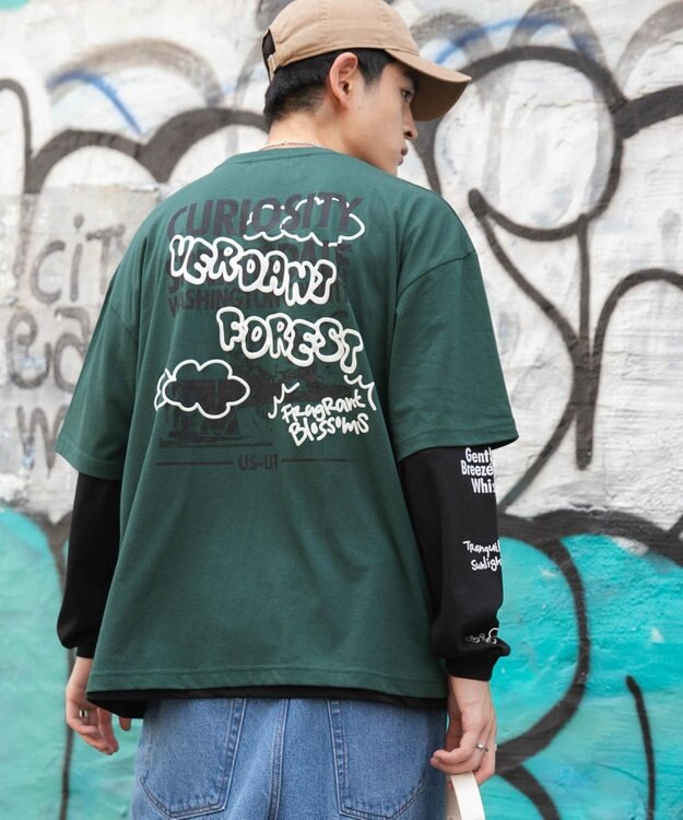 WEGO 【ユニセックス着用ITEM/2点SET】アクセ付きグラフィックアンサンブルT（LS） グリーン