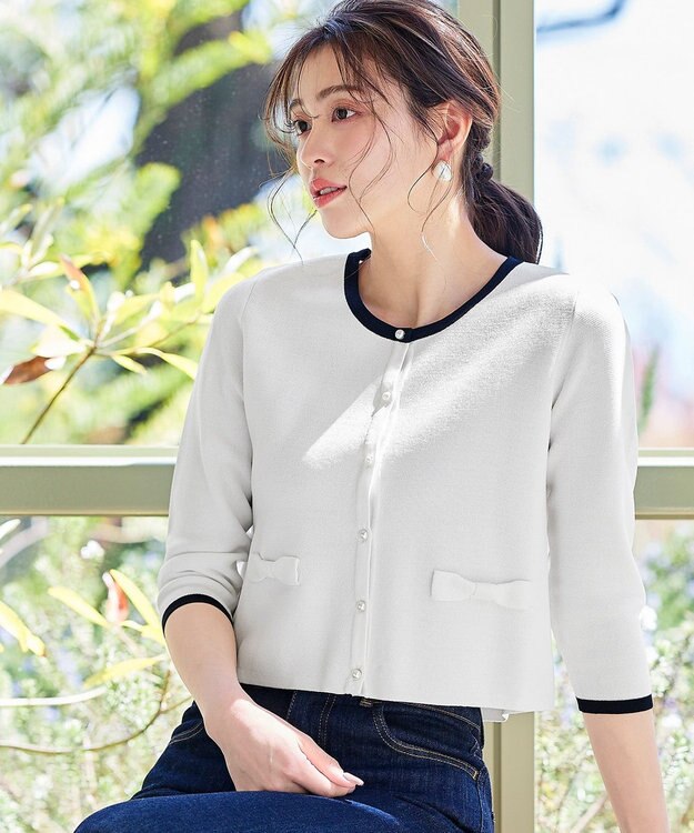 Tiaclasse 【洗える】フェイクリボンポケット付きカーディガン オフホワイト×ブラック