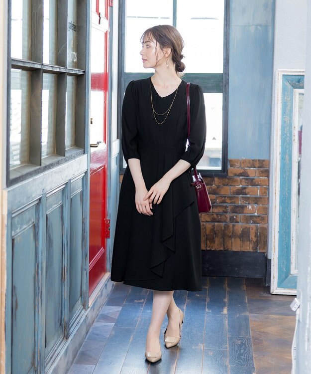 Tiaclasse L 【洗える】大人の洗練ドレープワンピース ブラック