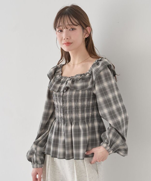 earth music&ecology 【予約】チェックシャーリングブラウス グレー