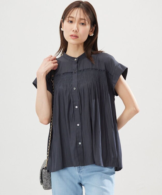 組曲 L ギャザーライトデシンシャーリング ブラウス ネイビー系