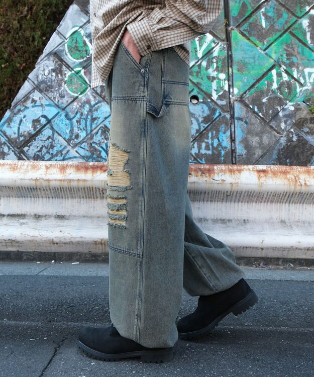 WEGO ダブルニーダメージデニムパンツ デニム淡加工色