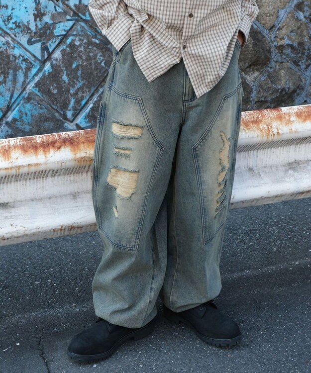 WEGO ダブルニーダメージデニムパンツ デニム淡加工色