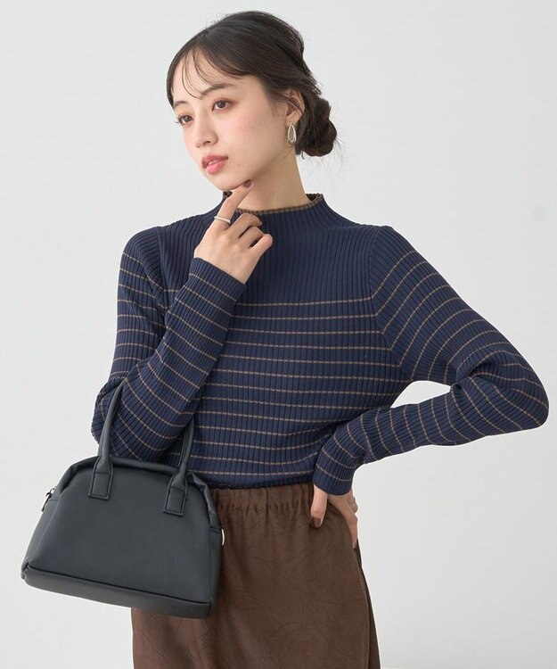 earth music&ecology ハイネックリブニットプルオーバー Border Navy