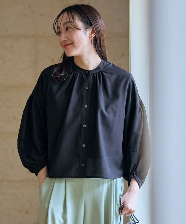 ANY L シアーテックリネンギャザーブラウス ブラック