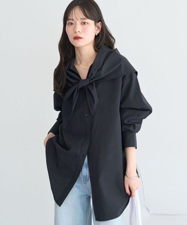 earth music&ecology 【SET ITEM】スカーフ付きスキッパーシャツ Black