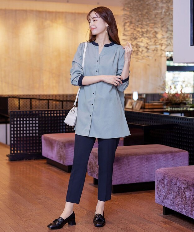 Tiaclasse 【洗える】クレリックシャツチュニックブラウス サックス×ネイビー