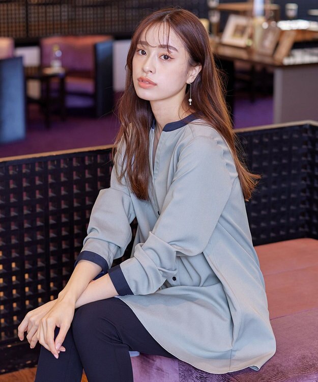 Tiaclasse 【洗える】クレリックシャツチュニックブラウス サックス×ネイビー