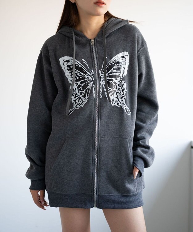 WEGO バタフライBIGZIPパーカー ブラック中濃色