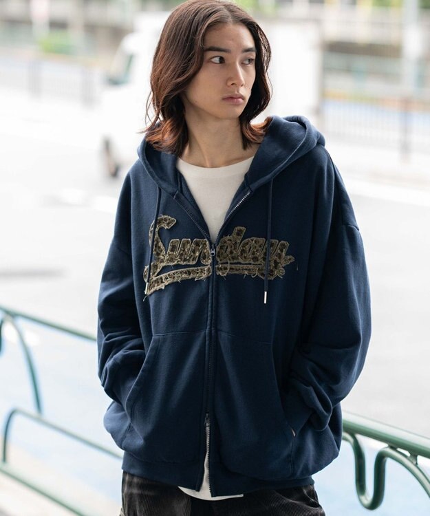 WEGO 【ユニセックス着用ITEM/SMLサイズ展開】レオパードワッペンダブルZIPパーカー ネイビー