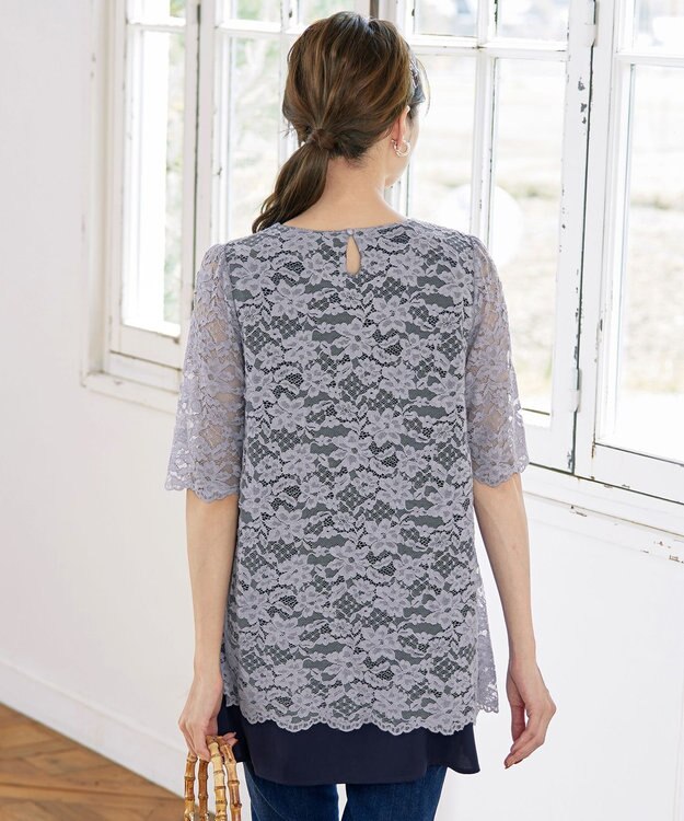 Tiaclasse 【洗える】スカラップレースチュニックブラウス グレー×ネイビー