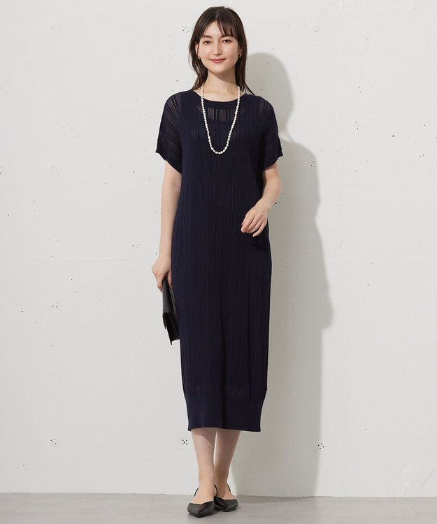 自由区 L 【ワコールコラボ】【カタログ掲載・洗える】レーシーニット ドレス ネイビー