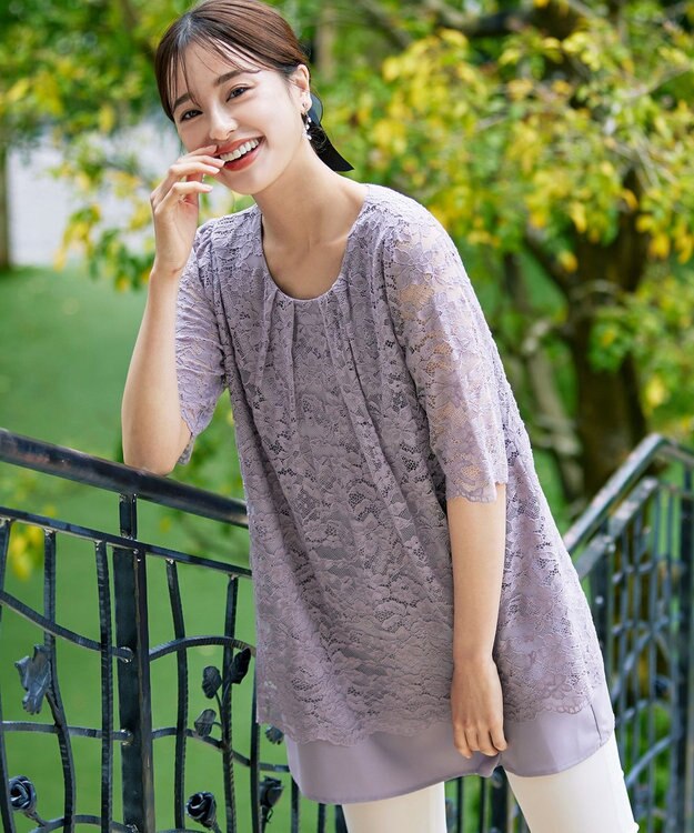 Tiaclasse 【洗える】スカラップレースチュニックブラウス ラベンダー