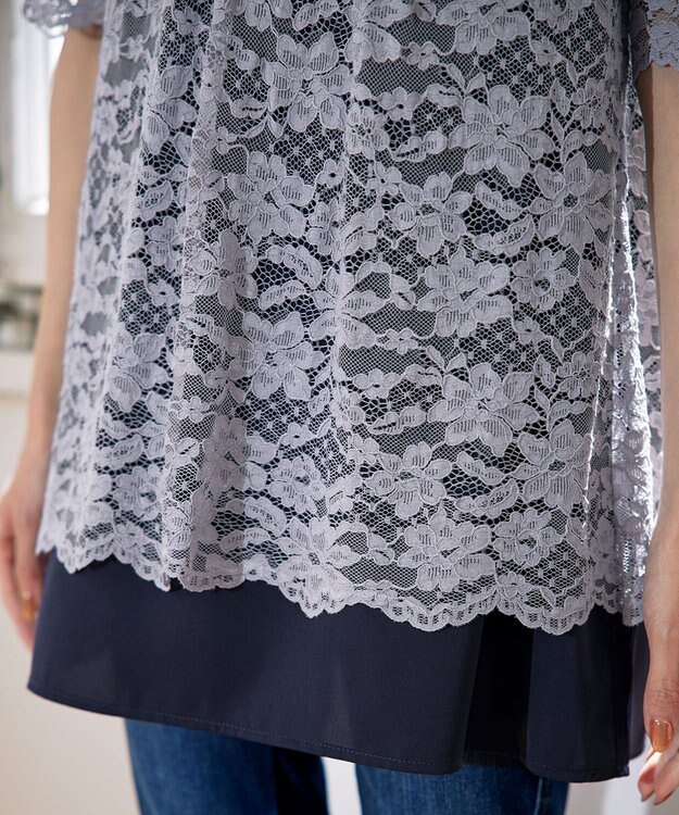 Tiaclasse 【洗える】スカラップレースチュニックブラウス グレー×ネイビー