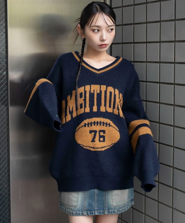 WEGO 【25年秋冬新作】フラッフィーVネックニットBIGプルオーバー ネイビー