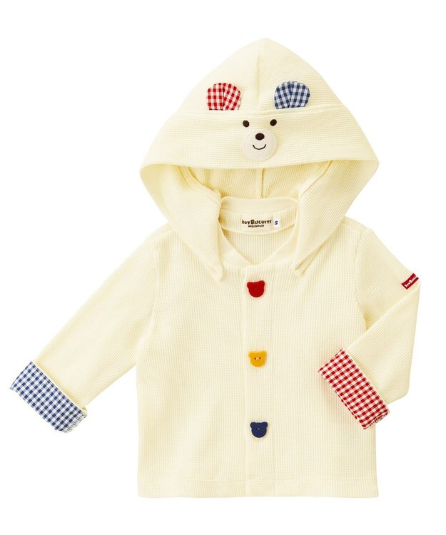 MIKI HOUSE HOT BISCUITS 【70-110cm】 顔ドン ワッフル素材 パーカー アイボリー