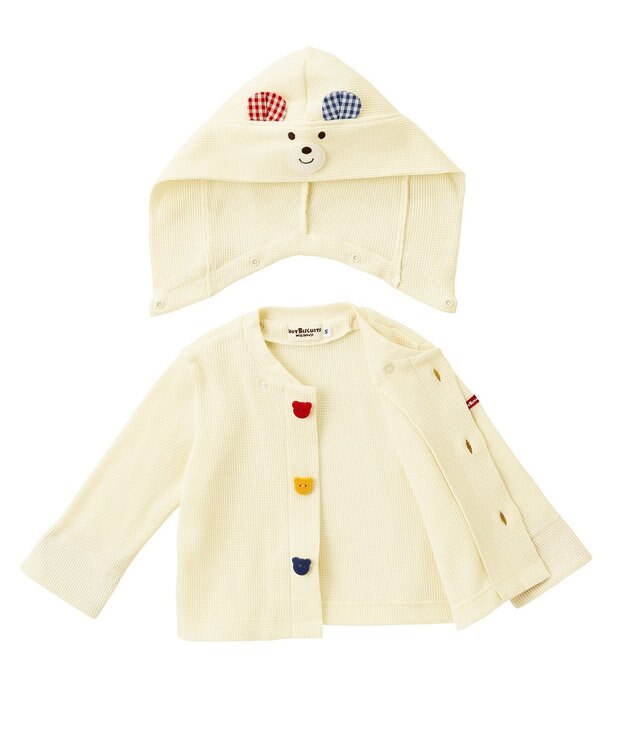 MIKI HOUSE HOT BISCUITS 【70-110cm】 顔ドン ワッフル素材 パーカー アイボリー