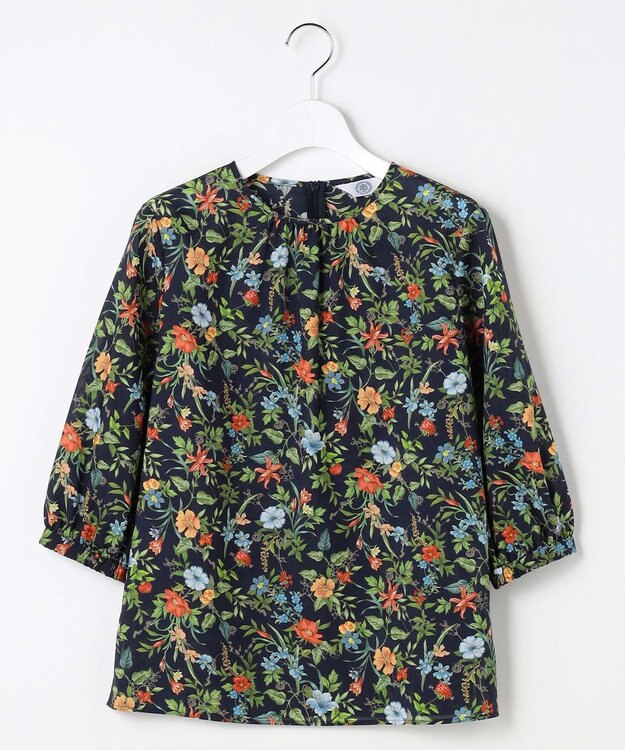 J.PRESS LADIES S スパンボタニカル プリント クルーネック ブラウス ネイビー系