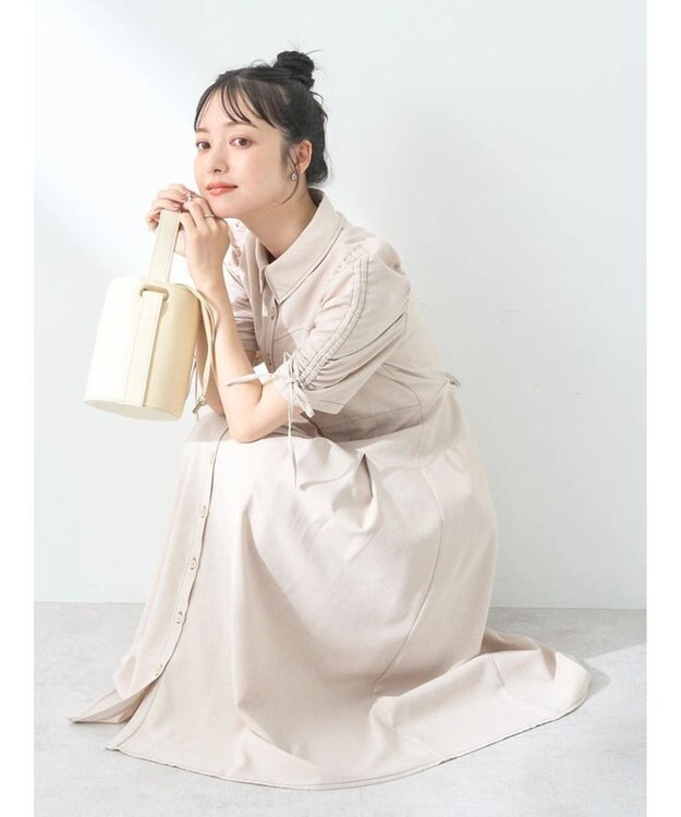 earth music&ecology 袖ドロストシャツワンピース Beige