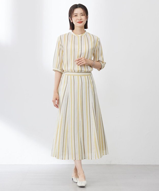 J.PRESS LADIES L 【洗える】ランダムストライプ ブラウス ベージュストライプ系