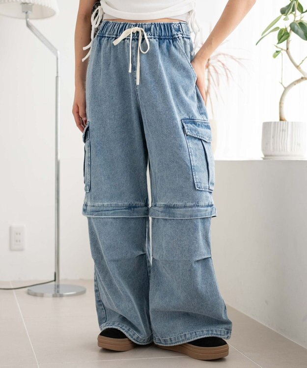 WEGO 【ウエストゴム/2WAY】2WAYデニムカーゴパンツ デニム淡加工色